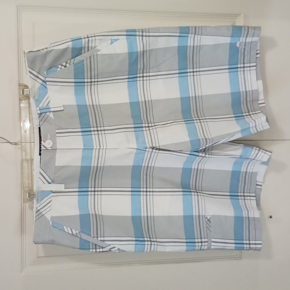 Tony Hawk White, Light Blue & Gray Plaid Flat Front Shorts